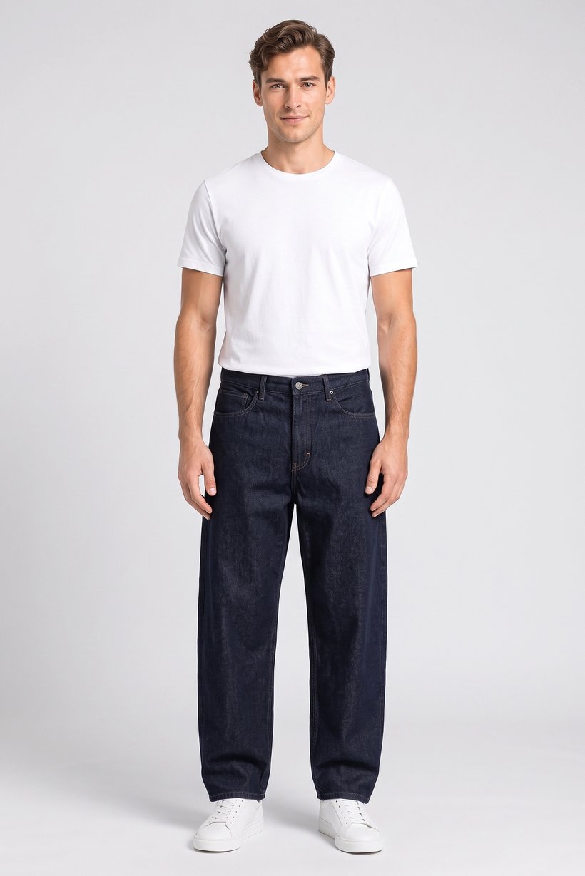 Men Balloon Fit Solid Non Stretchable Jeans, Navy