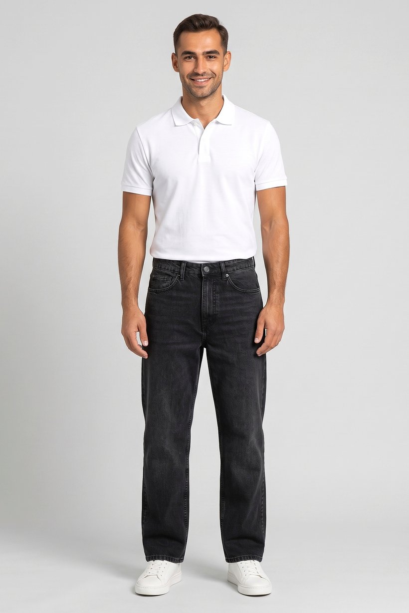 Men Baggy Fit Solid Non Stretchable Denim Jeans, Washed Black