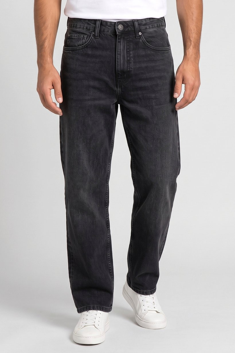 Men Baggy Fit Solid Non Stretchable Denim Jeans, Washed Black