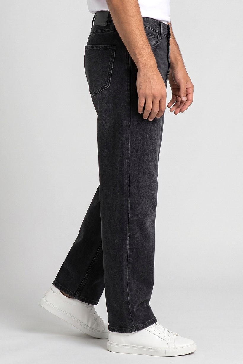 Men Baggy Fit Solid Non Stretchable Denim Jeans, Washed Black