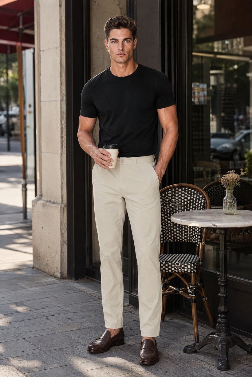 Men Regular Fit Solid Straight Leg Pants, Cream