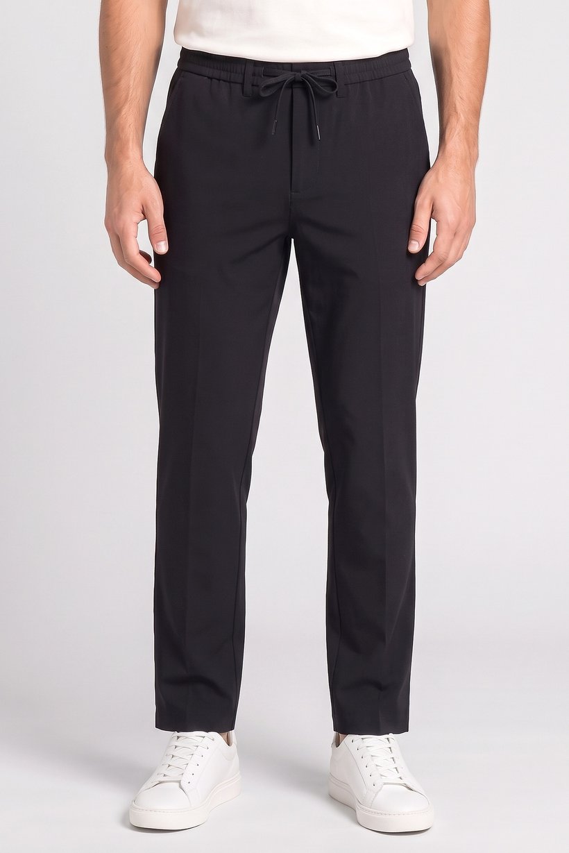 Men Regular Fit Textured Straight Leg Pants, Black
