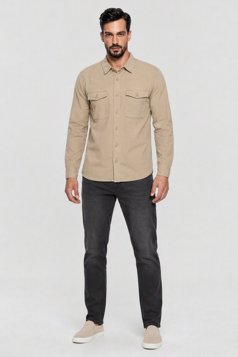 Men Regular Fit Long Sleeve Solid Casual Shirt, Beige