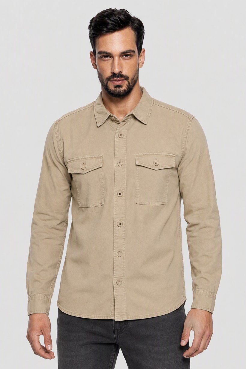 Men Regular Fit Long Sleeve Solid Casual Shirt, Beige