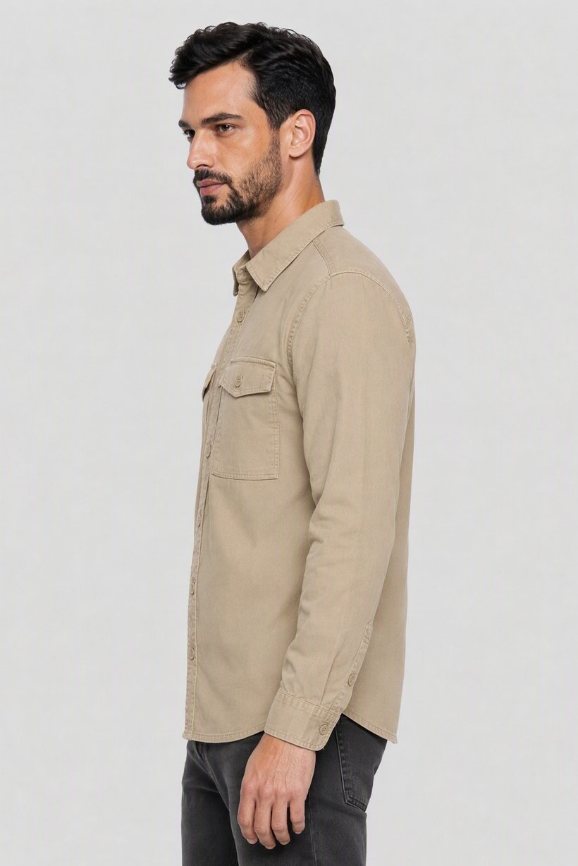 Men Regular Fit Long Sleeve Solid Casual Shirt, Beige