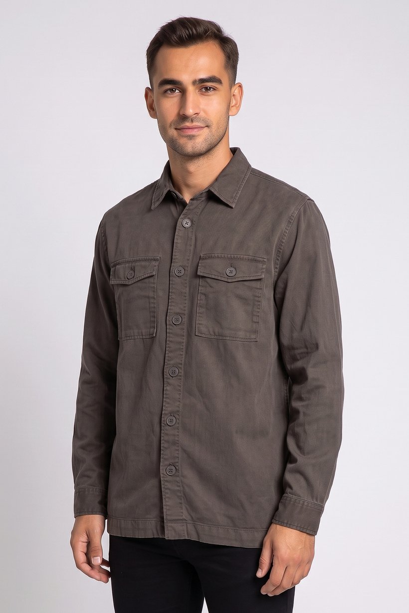 Men Regular Fit Long Sleeve Solid Casual Shirt, Dark Olive