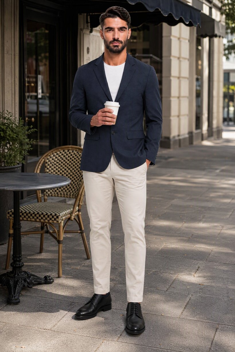 Men Slim Fit Chambray Casual Blazer, Navy