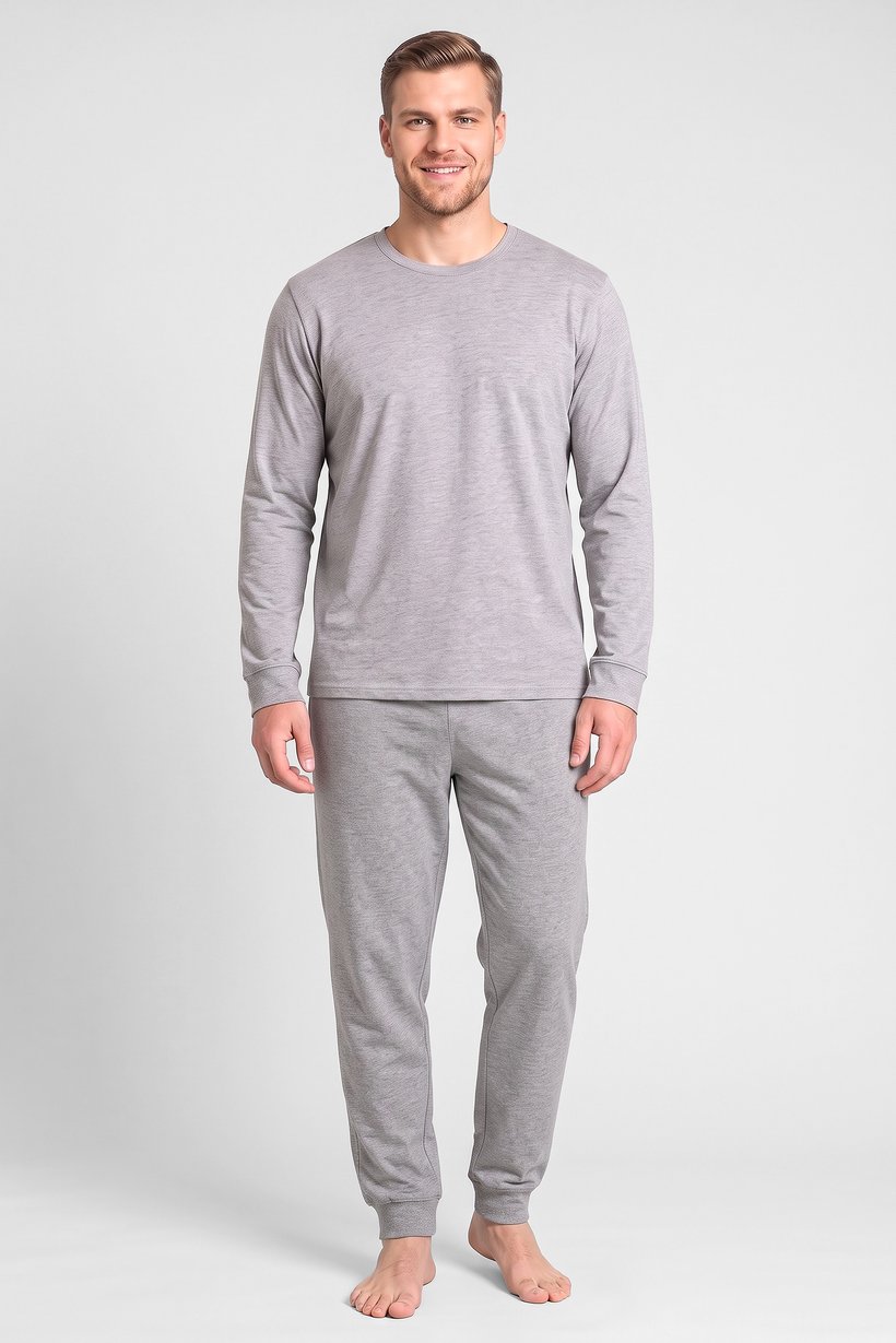 Men 2 Pieces Heather Long Sleeve T-Shirt And Pants Pajama Set, Light Grey