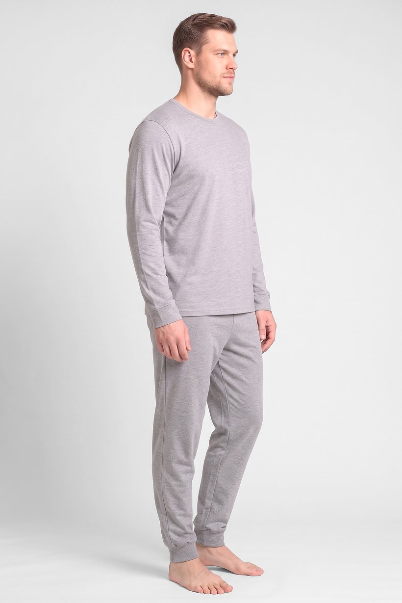 Men 2 Pieces Heather Long Sleeve T-Shirt And Pants Pajama Set, Light Grey