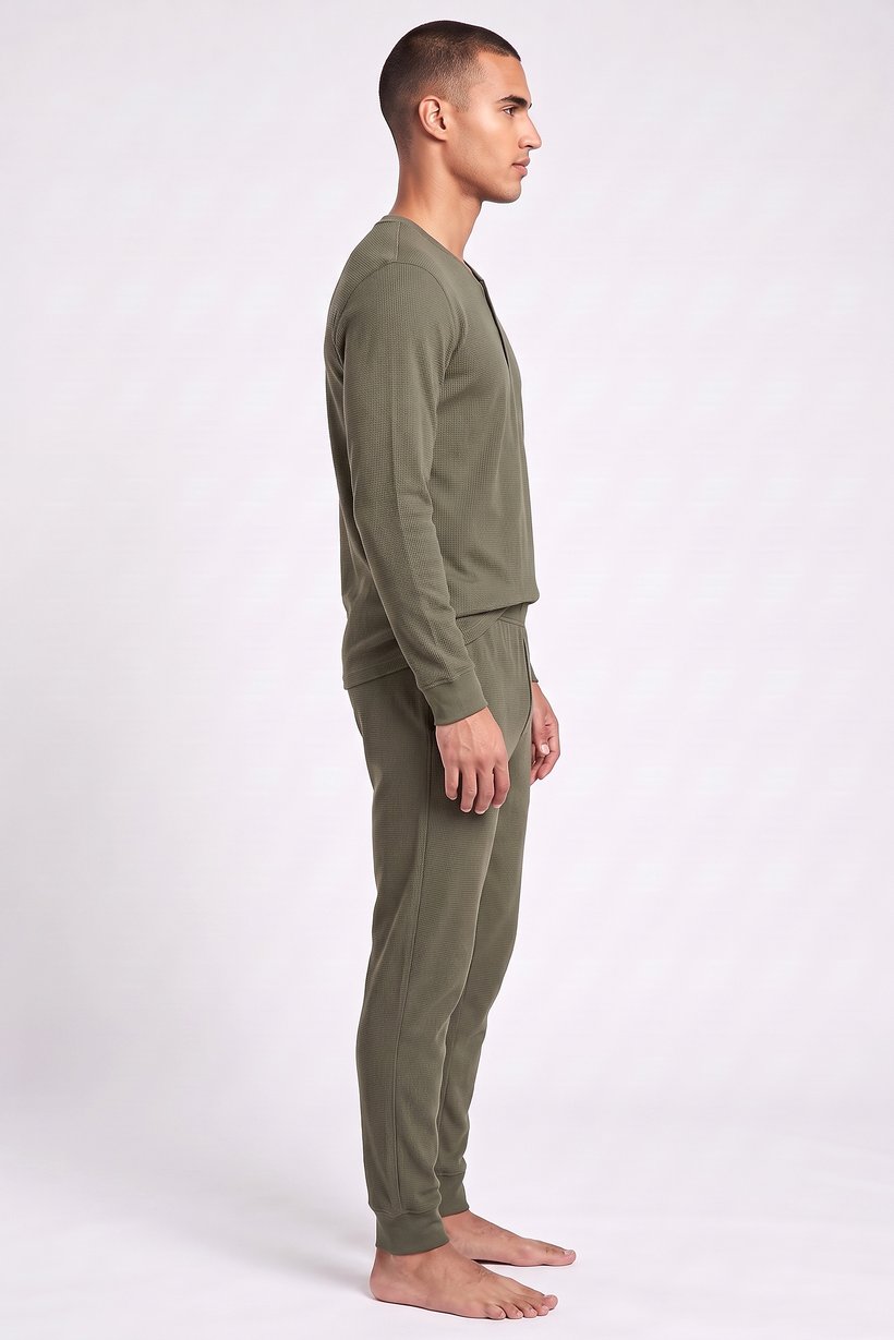 Men 2 Pcs Textured Long Sleeve Top And Pants Sleepwear Set, Dark Olive