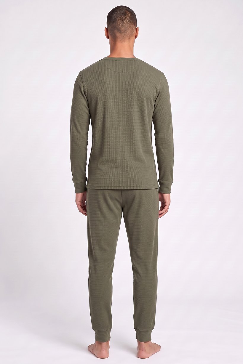 Men 2 Pcs Textured Long Sleeve Top And Pants Sleepwear Set, Dark Olive