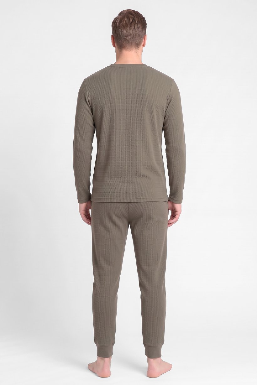 Men 2 Pieces Textured Long Sleeve T-Shirt And Pants Pajama Set, Green
