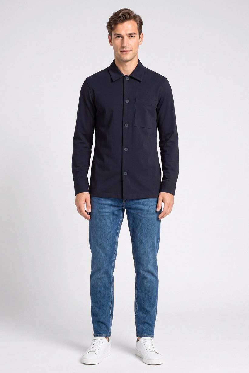 Men Regular Fit Long Sleeve Ribbed Casual Shirt, Dark Navy