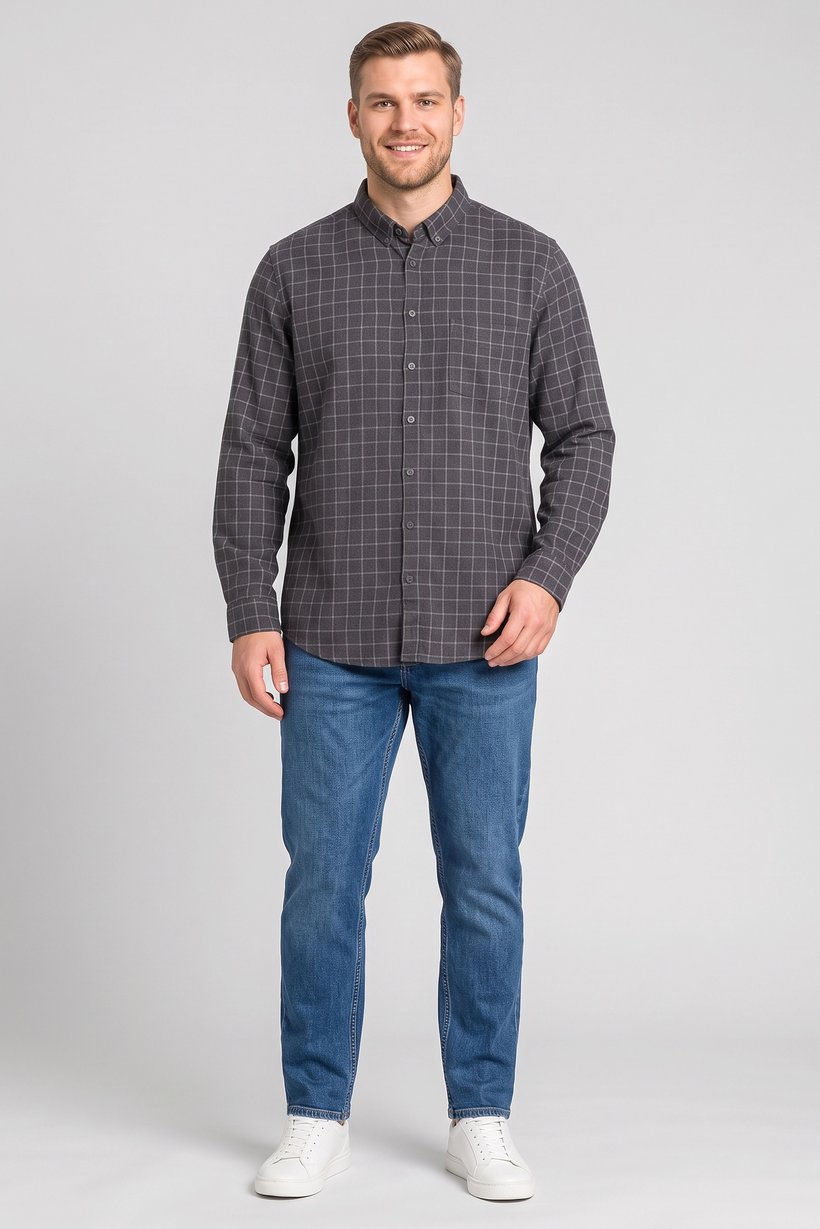 Men Regular Fit Checkered Long Sleeve Casual Shirt, Grey