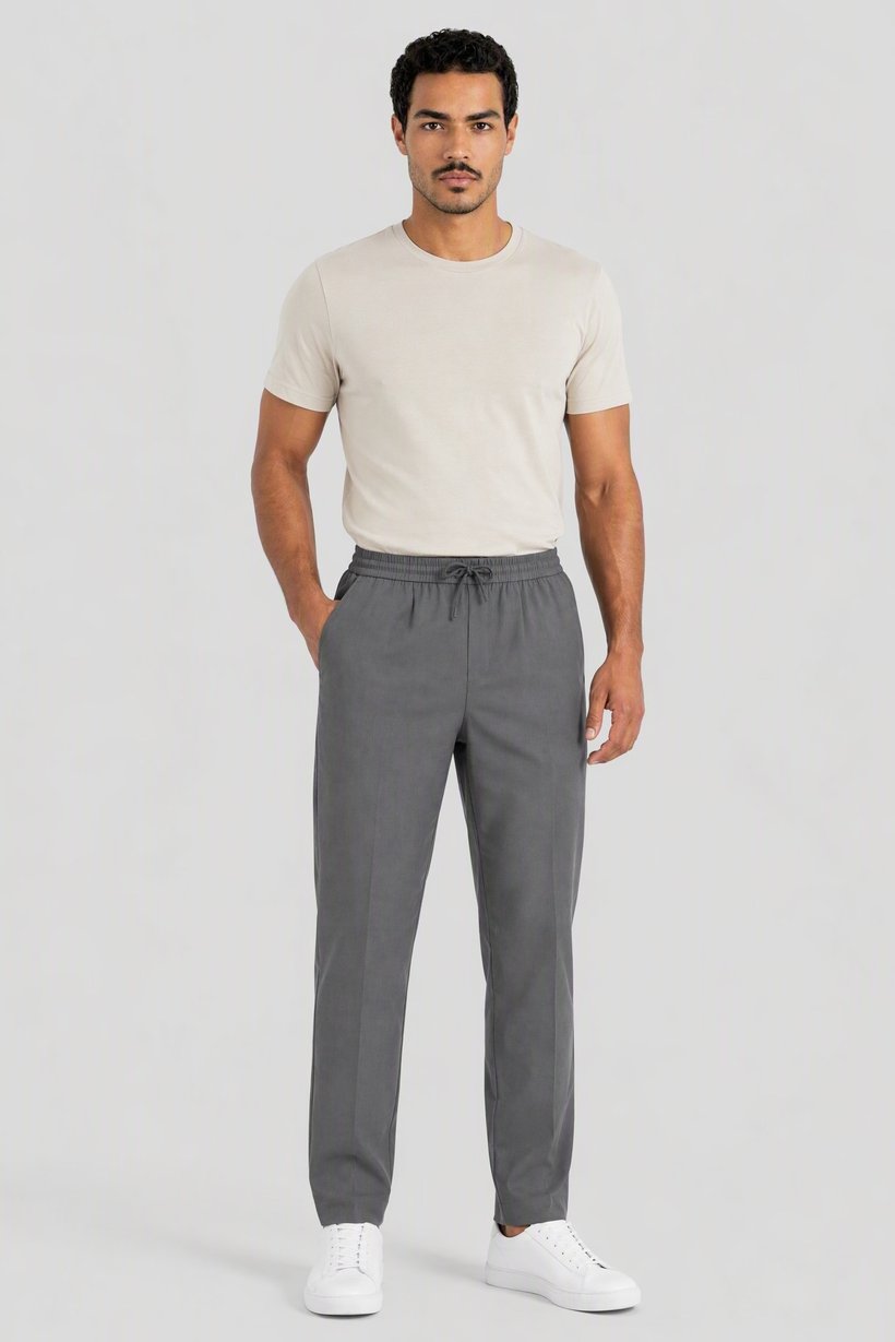 Men Regular Fit Solid Straight Leg Pants, Dark Grey