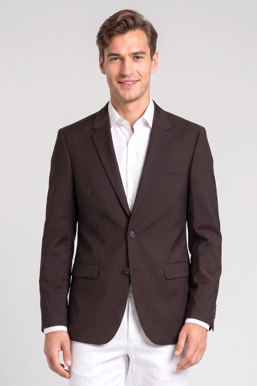 Men Slim Fit Plain Casual Blazer, Chocolate
