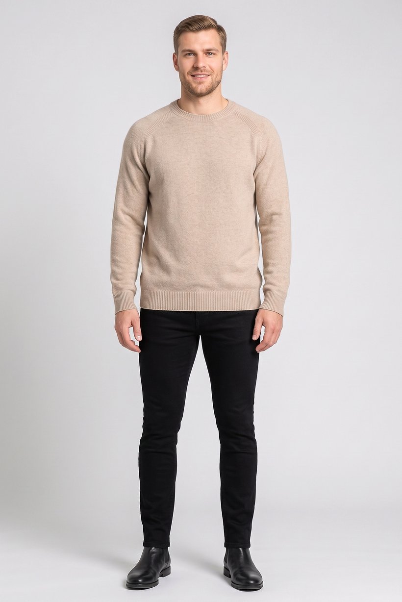 Men Crew Neck Knitted Sweater, Beige
