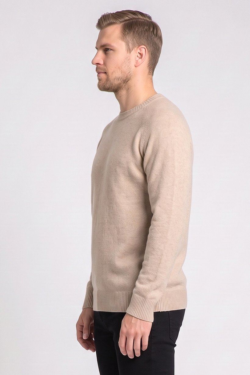Men Crew Neck Knitted Sweater, Beige