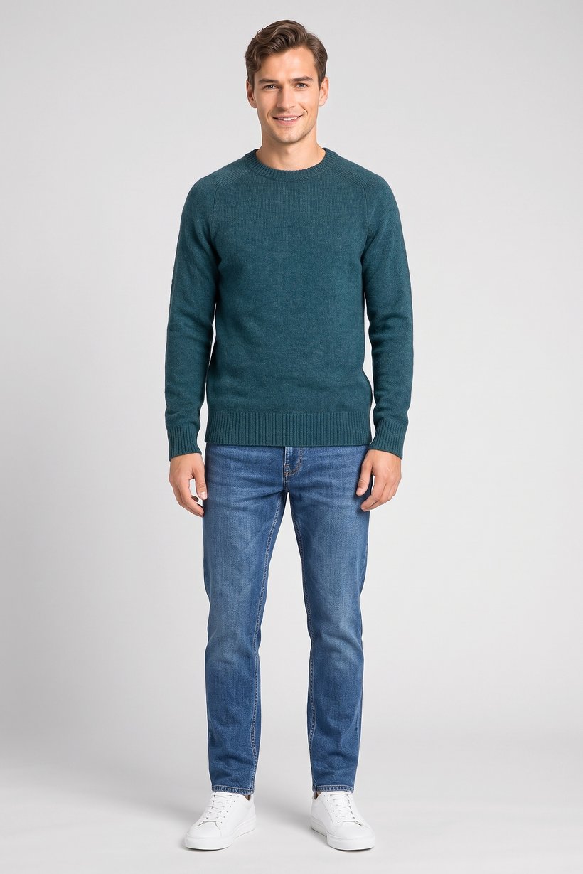 Men Crew Neck Knitted Sweater, Teal Green