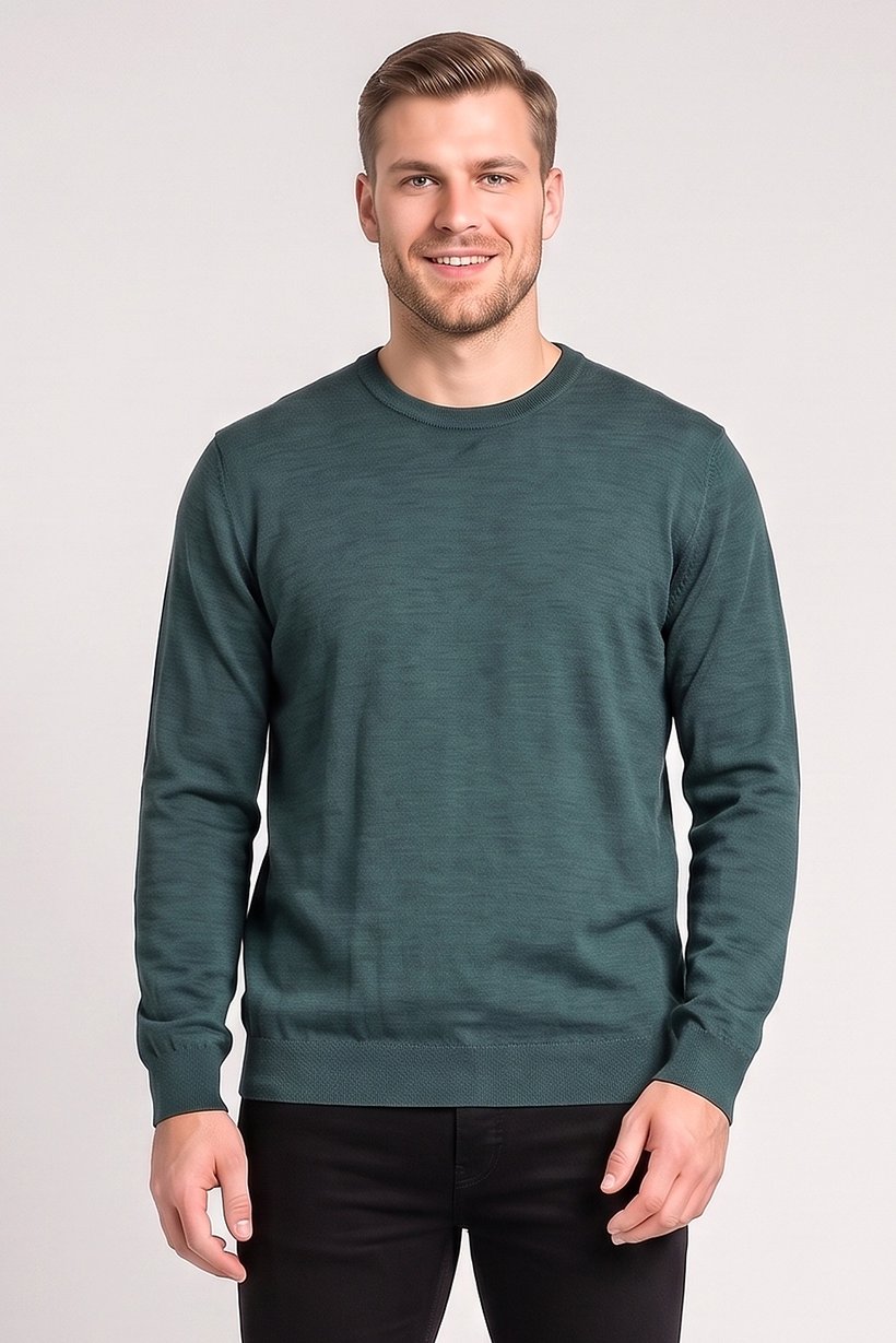 Men Crew Neck Textured Sweater, Dark Green
