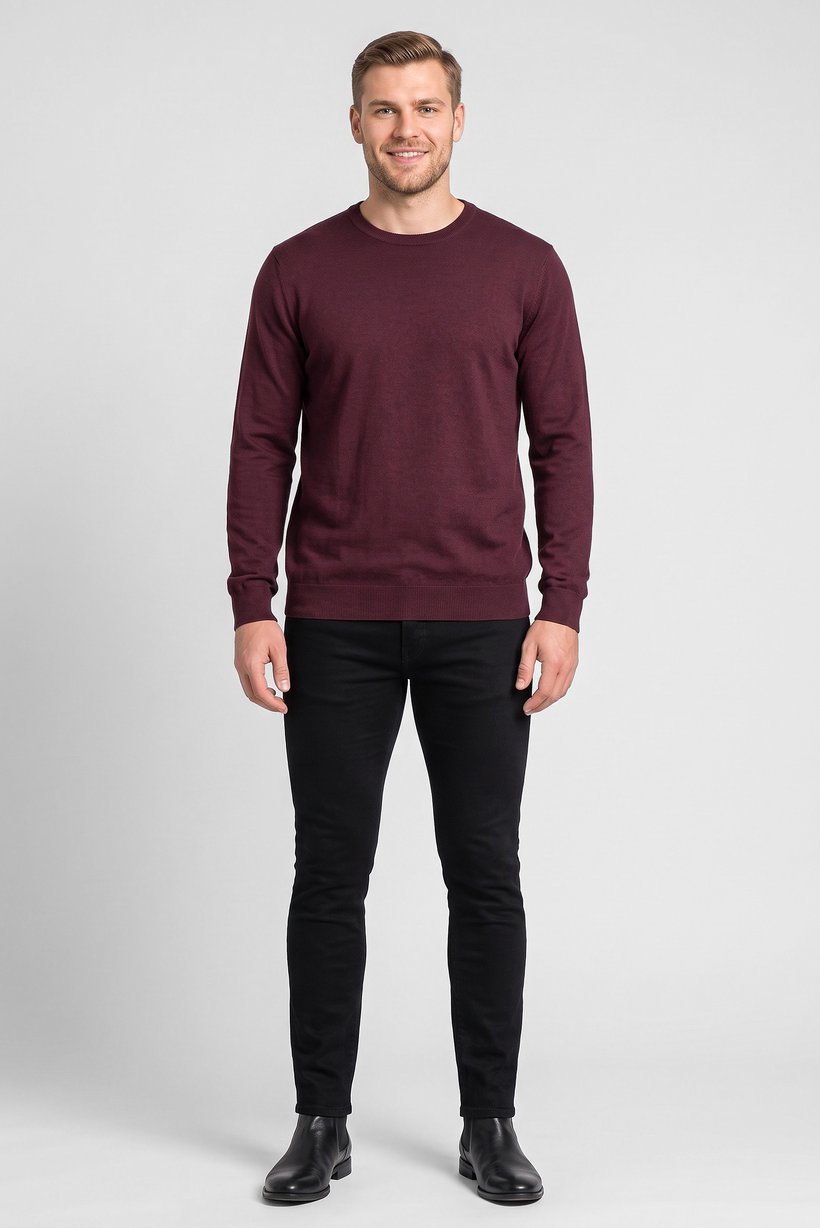 Men Crew Neck Long Sleeve Knitted Sweatshirts, Burgundy