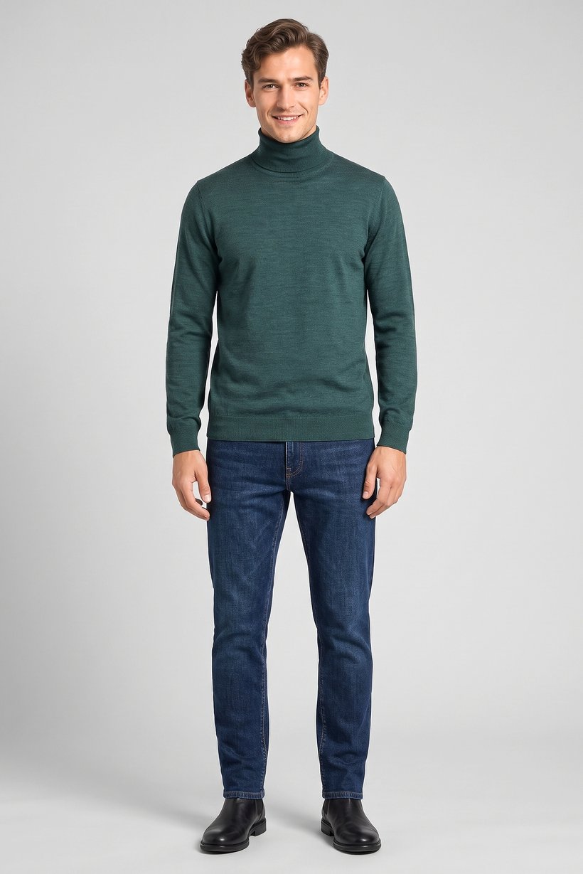 Men Turtle Neck Knitted Sweater, Dark Green
