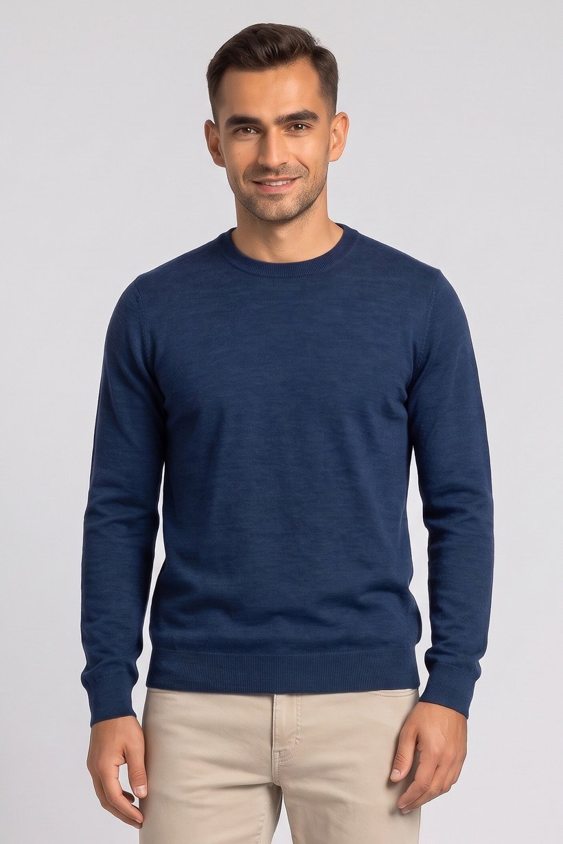 Men Crew Neck Long Sleeve Textured Sweater, Navy