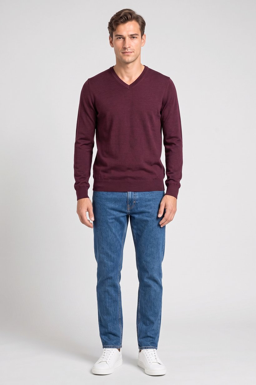 Men Crew Neck Long Sleeve Knitted Sweater, Burgundy