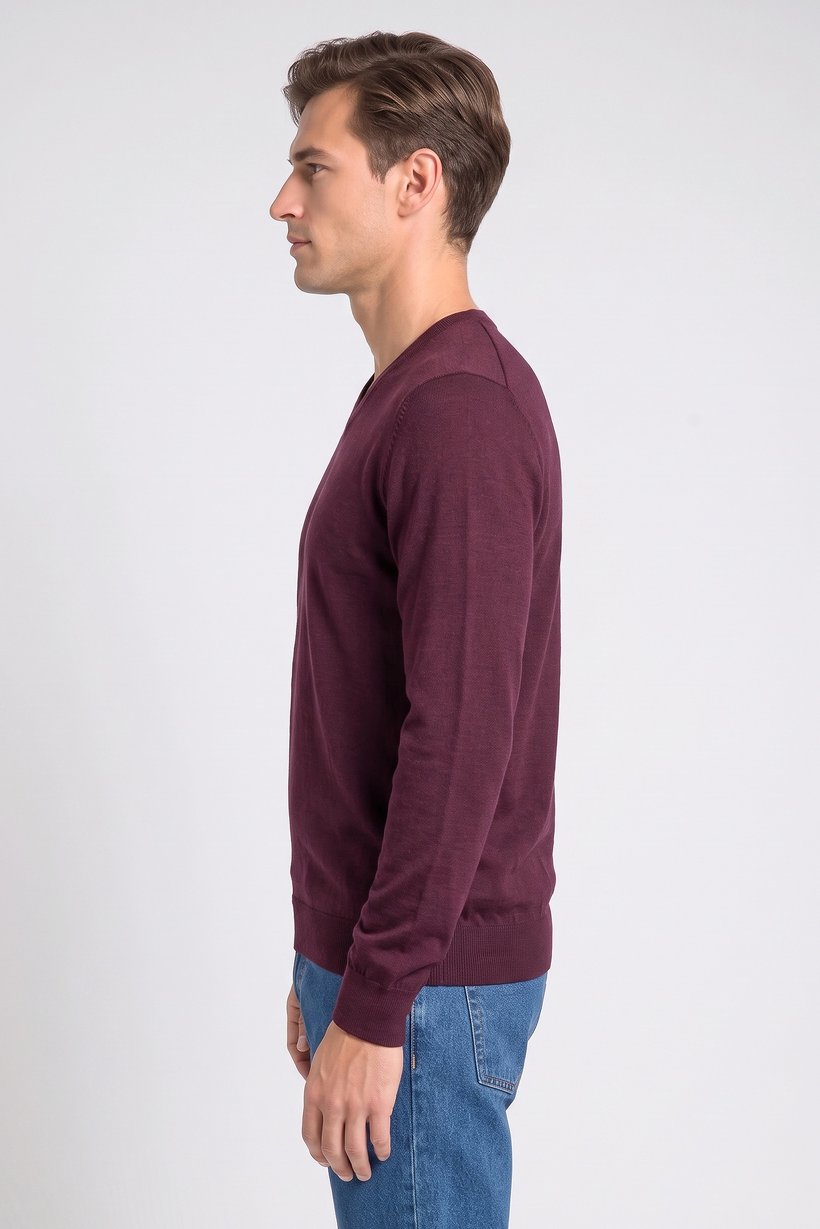 Men Crew Neck Long Sleeve Knitted Sweater, Burgundy