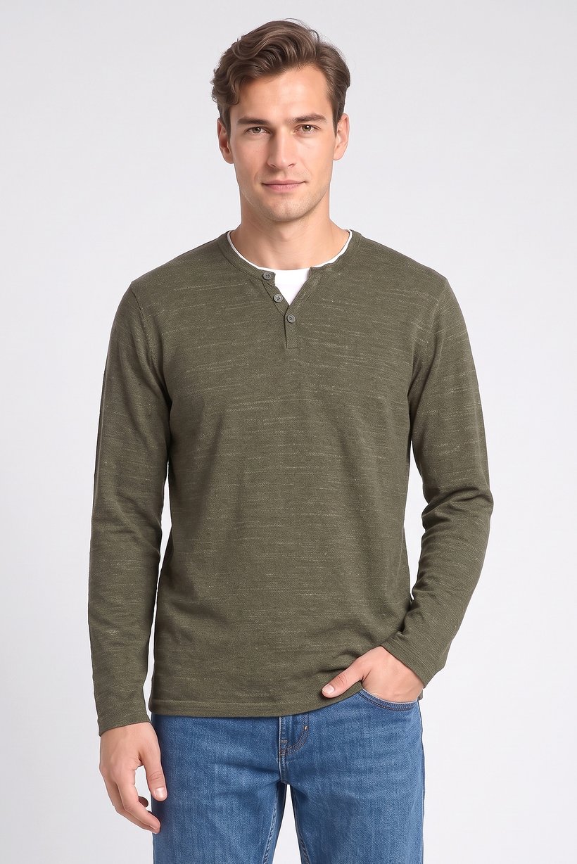 Men Crew Neck Long Sleeve Knitted T-Shirt, Olive