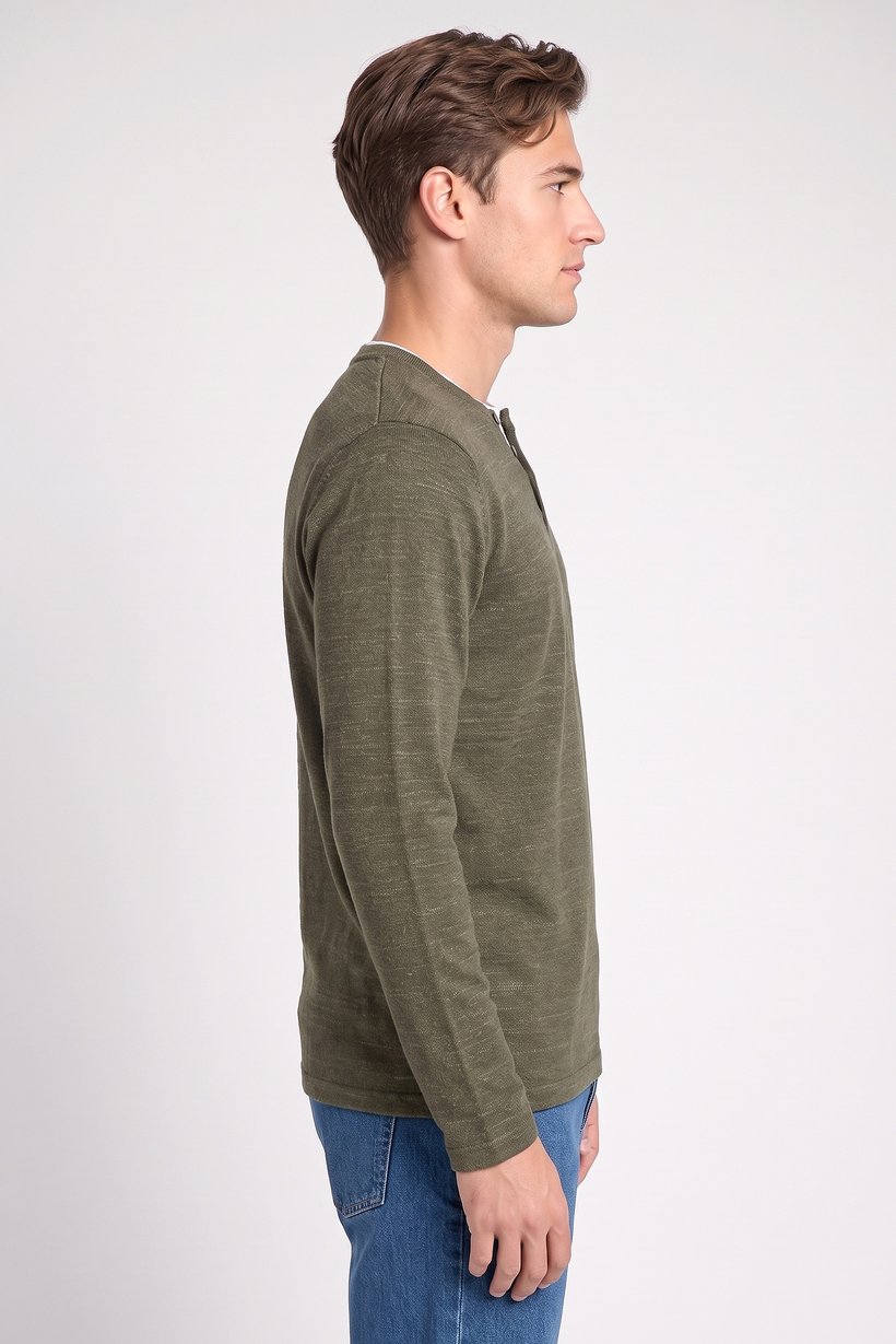 Men Crew Neck Long Sleeve Knitted T-Shirt, Olive