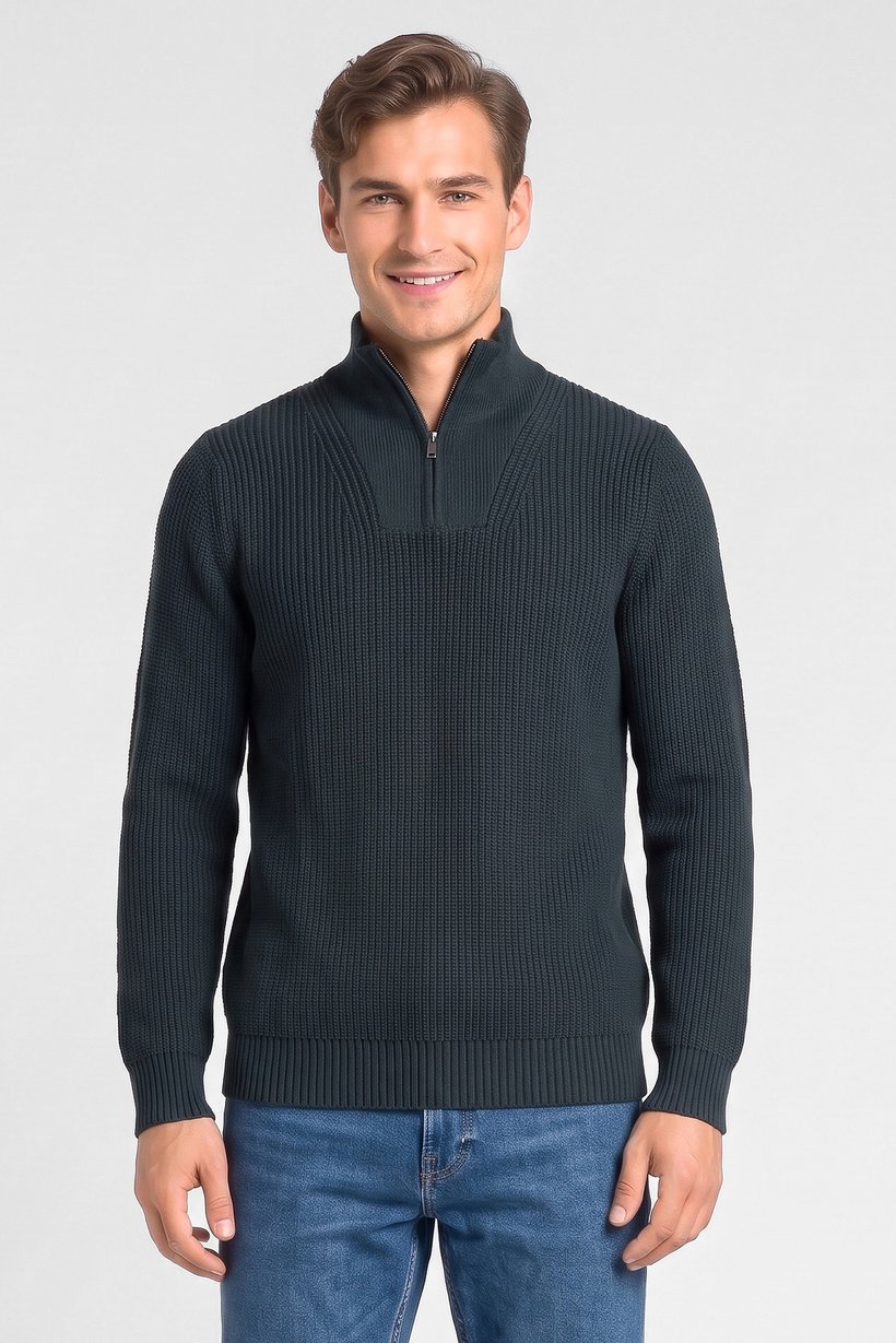 Men Turtle Neck Knitted Long Sleeve Sweater, Dark Green