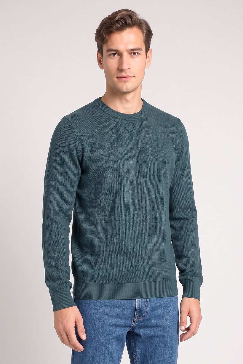 Men Round Neck Textured Sweater, Green