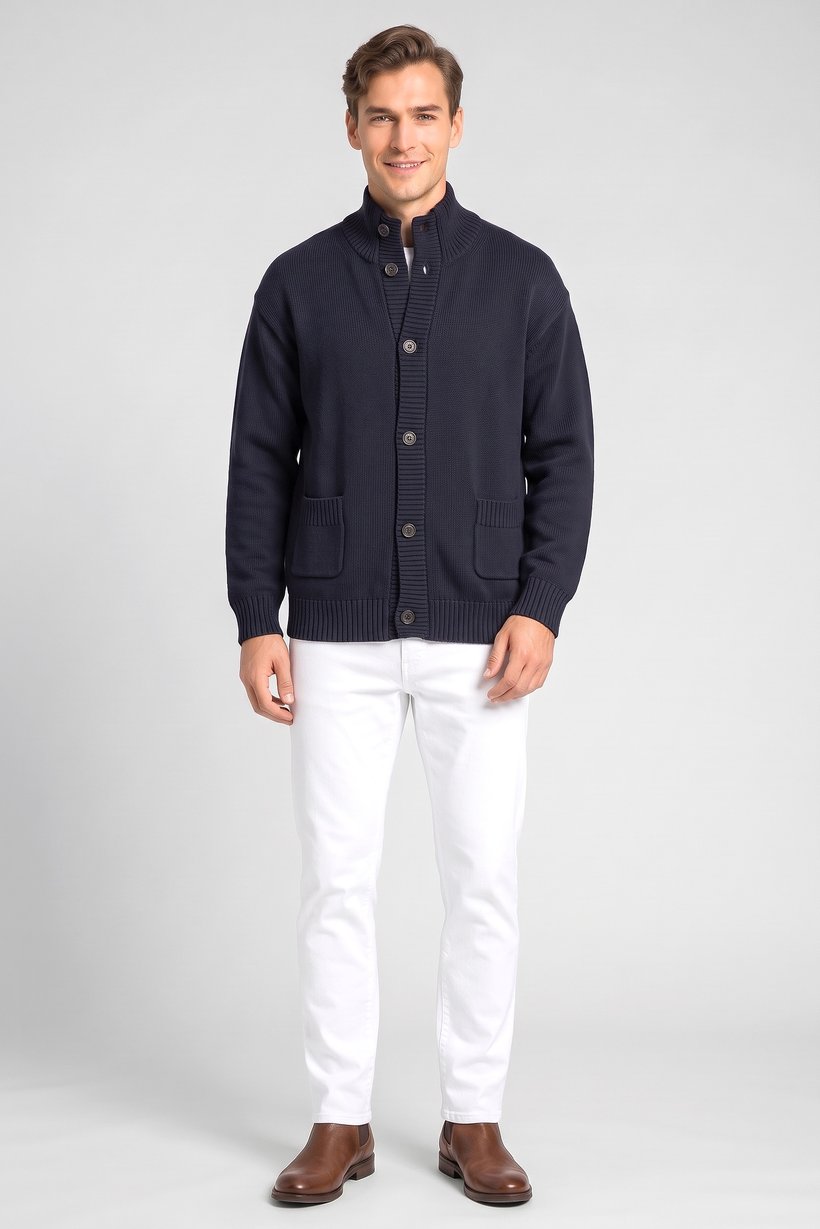 Men High Neck Knitted Long Sleeve Cardigan, Navy