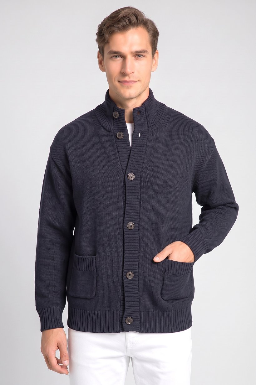 Men High Neck Knitted Long Sleeve Cardigan, Navy