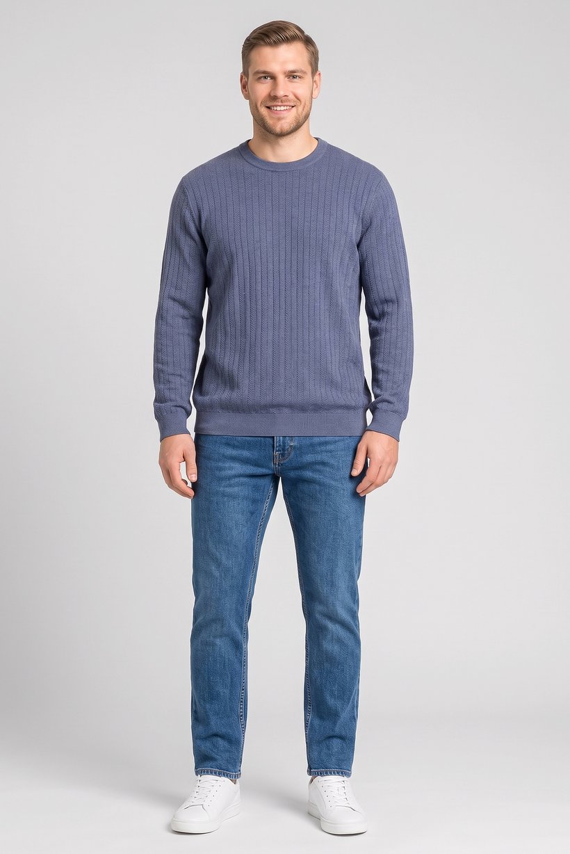 Men Crew Neck Textured Long Sleeve Sweater, Dusty Blue