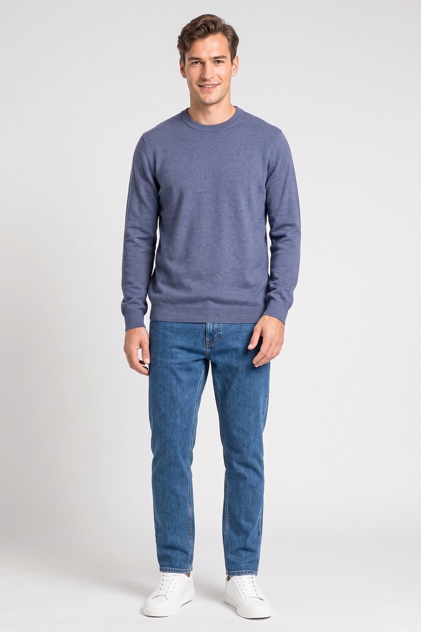 Men Crew Neck Knitted Long Sleeves Sweater, Slate Blue
