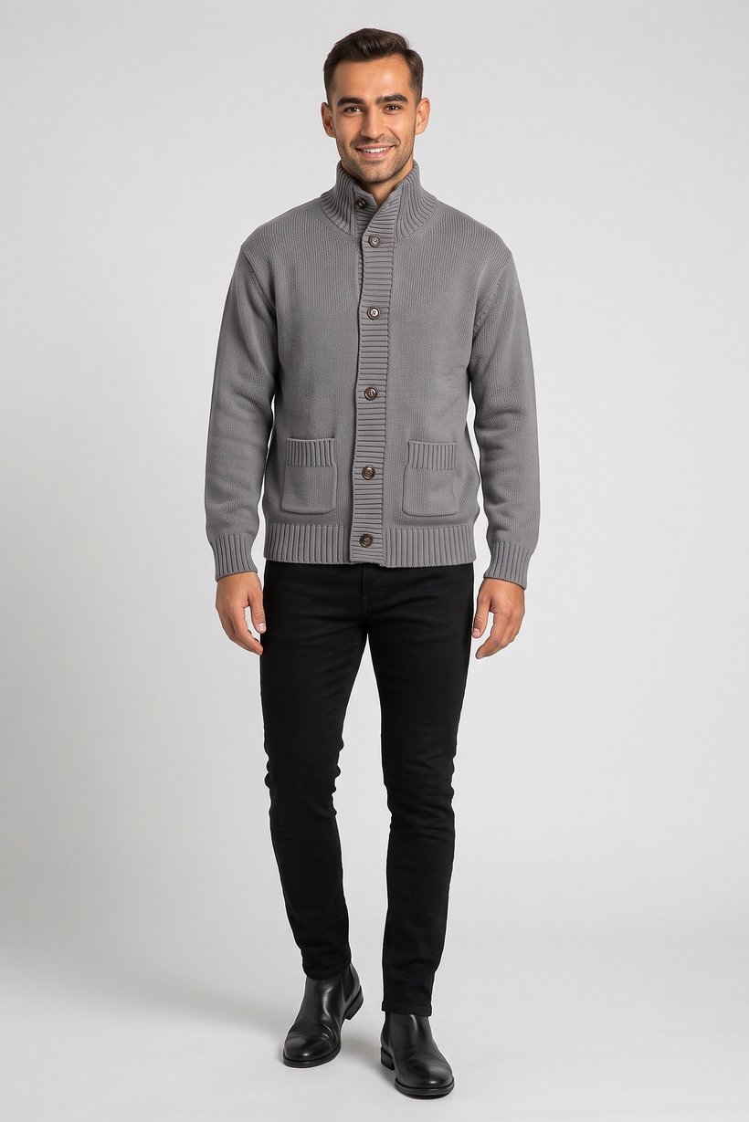 Men High Neck Knitted Cardigan, Grey
