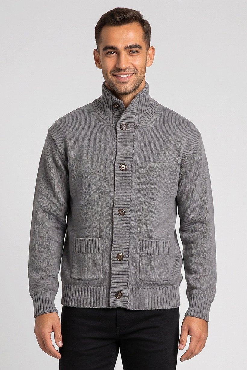 Men High Neck Knitted Cardigan, Grey