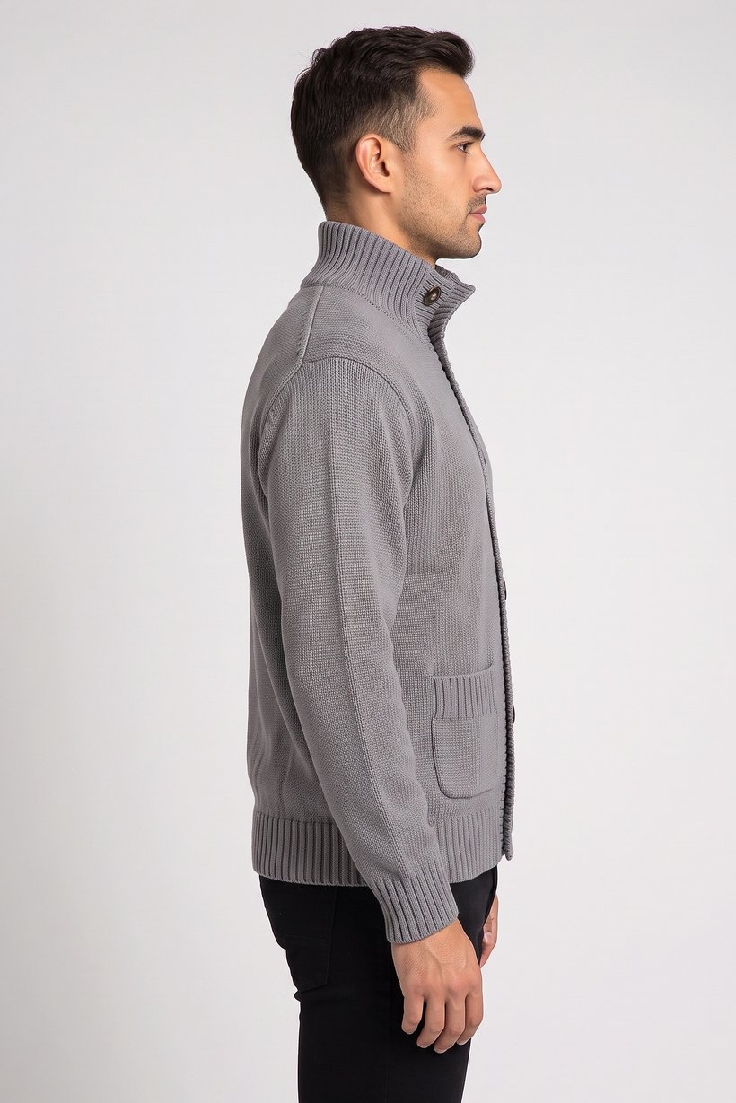 Men High Neck Knitted Cardigan, Grey