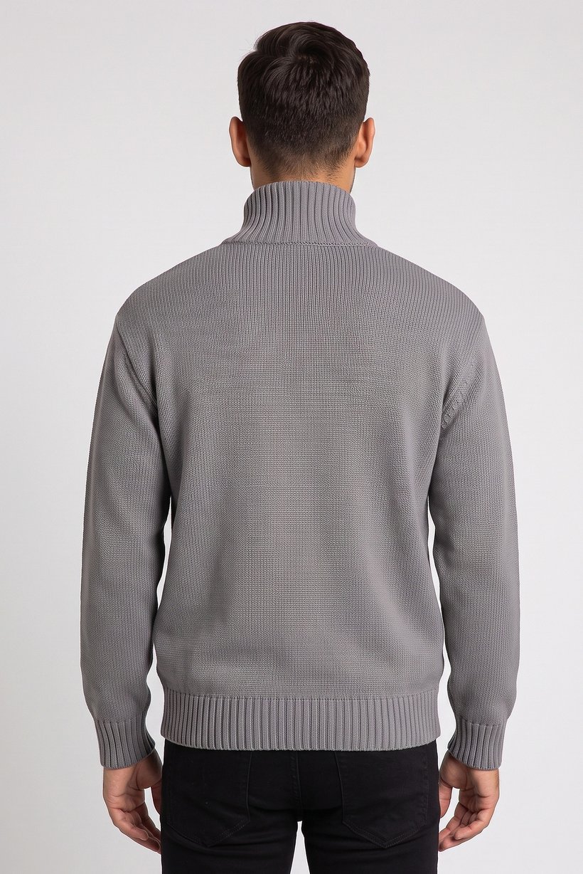 Men High Neck Knitted Cardigan, Grey