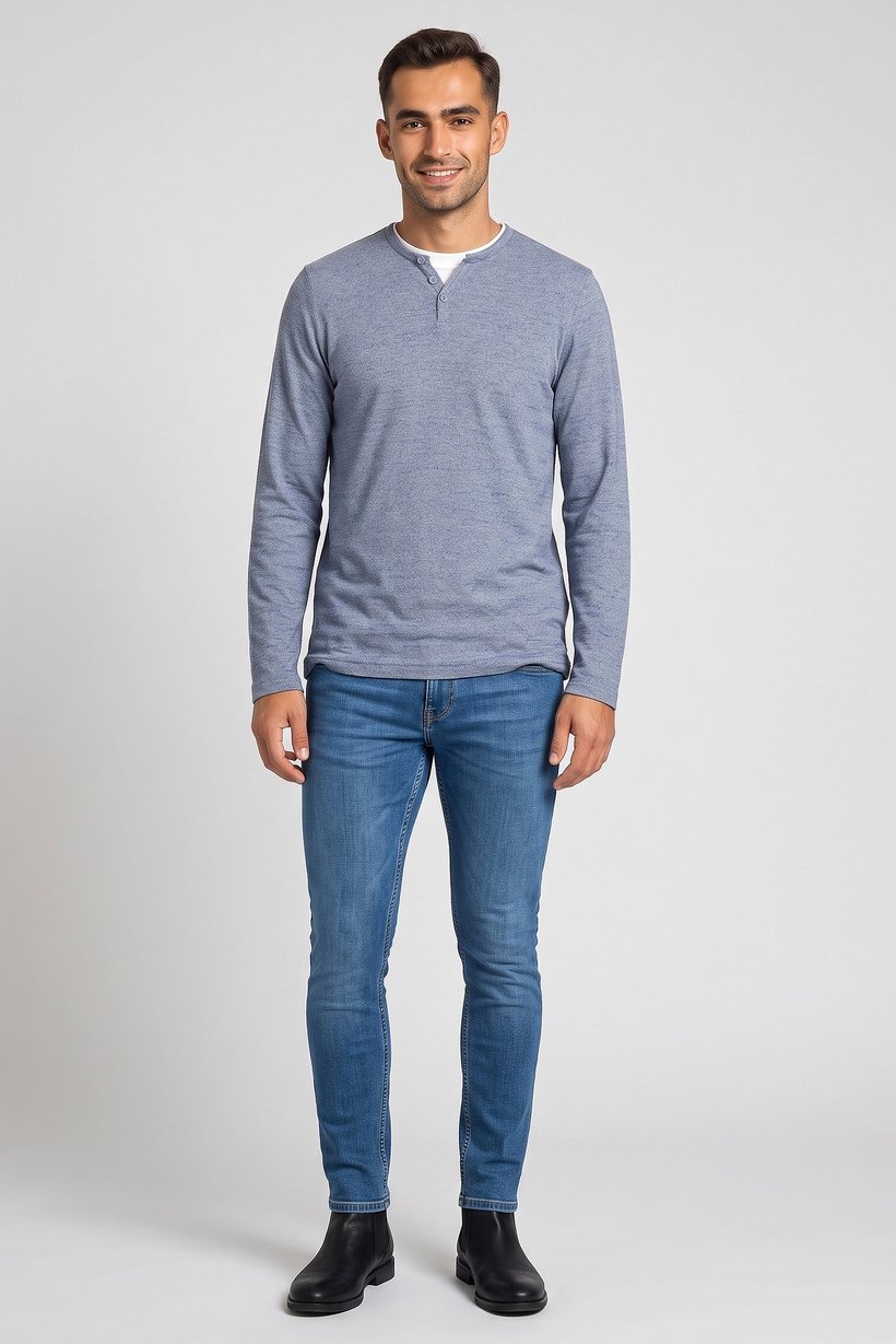 Men Crew Neck Long Sleeve Knitted T-Shirt, Blue