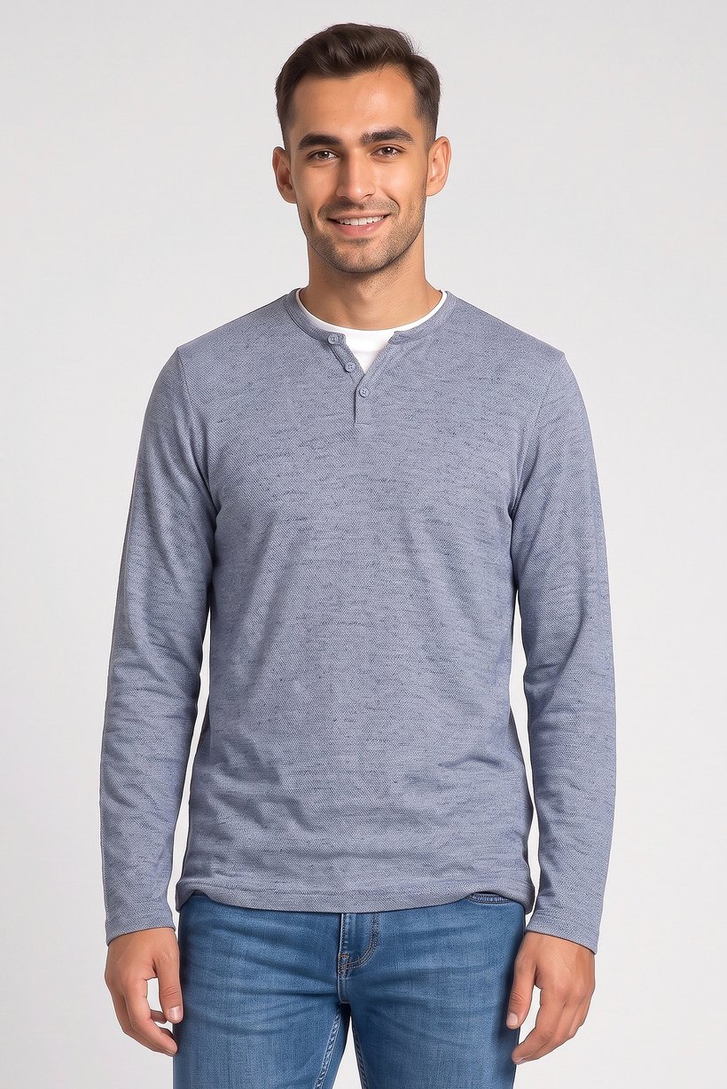 Men Crew Neck Long Sleeve Knitted T-Shirt, Blue