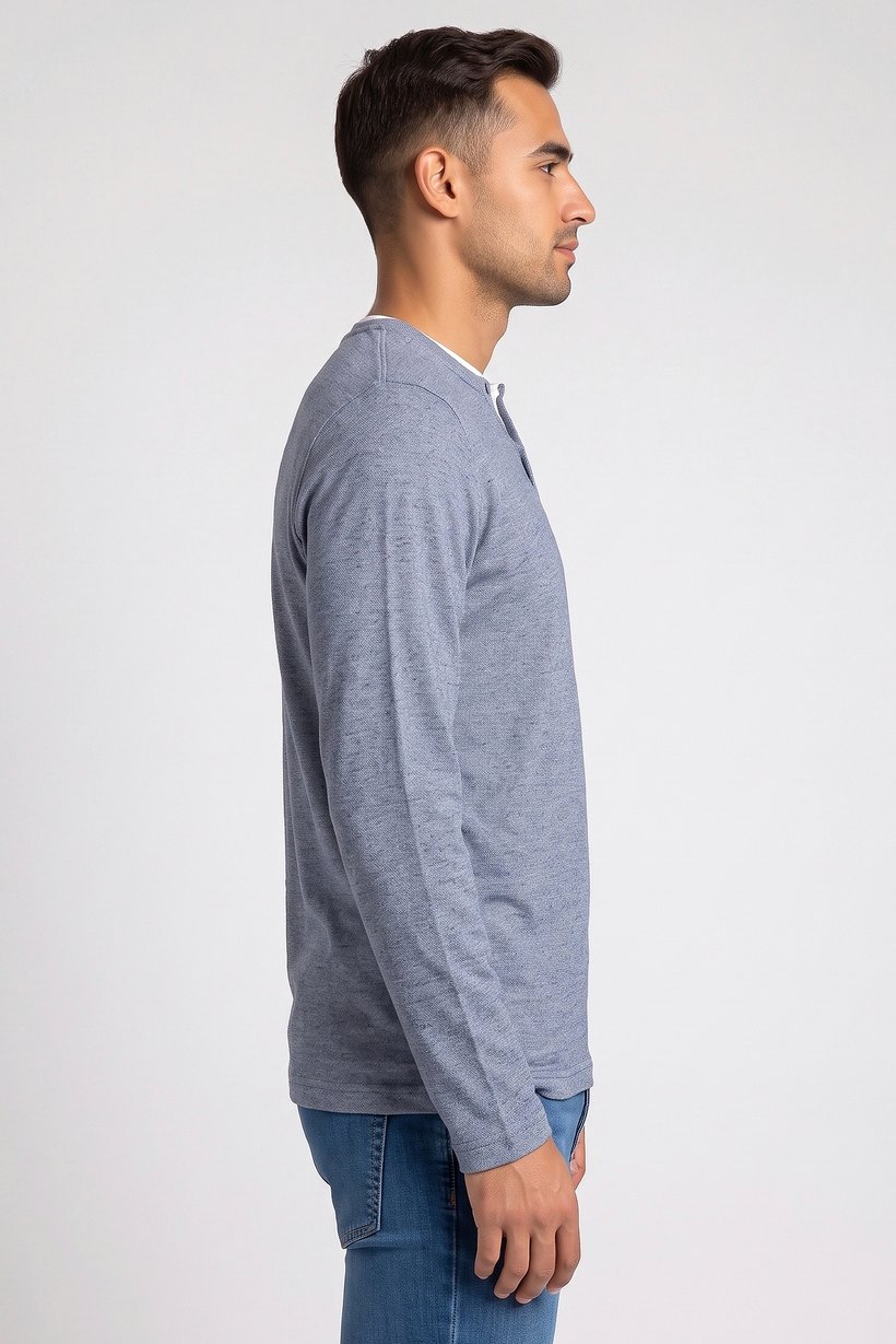 Men Crew Neck Long Sleeve Knitted T-Shirt, Blue