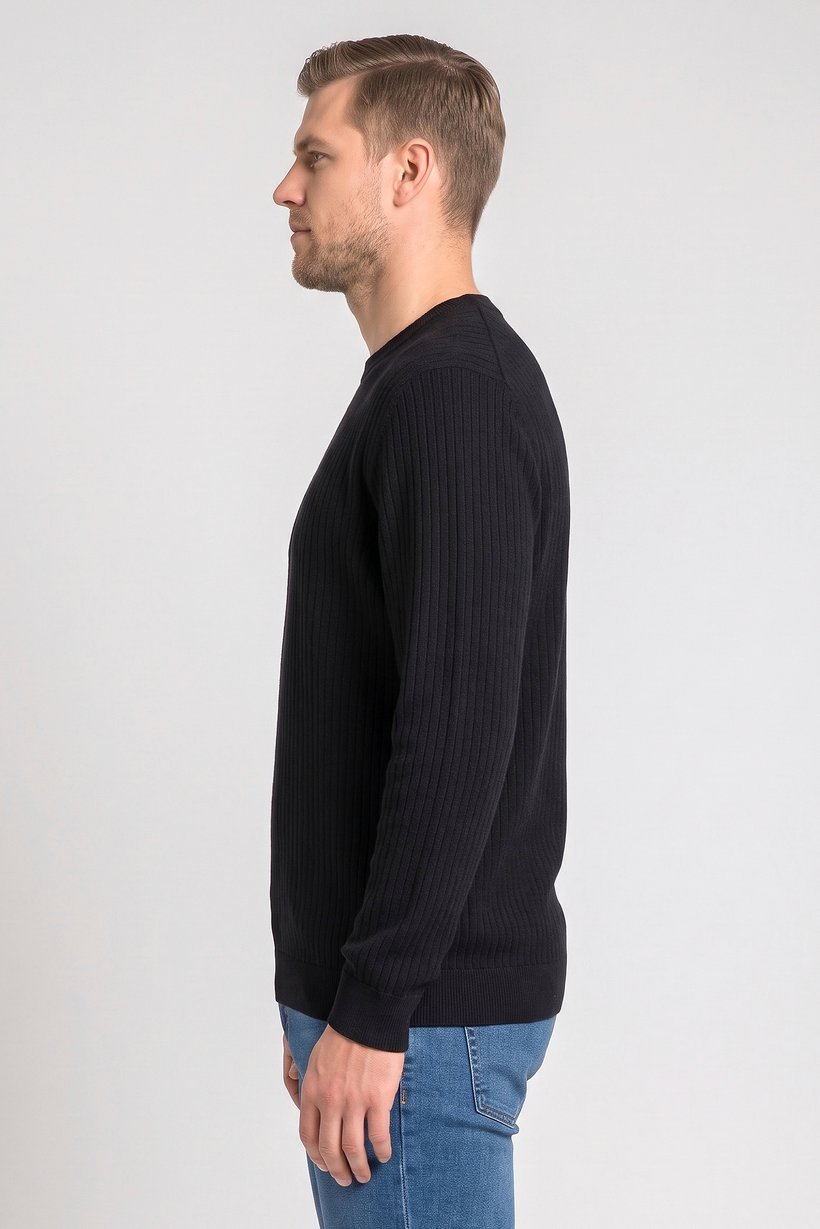 Men Crew Neck Long Sleeve Textured Sweater, Black