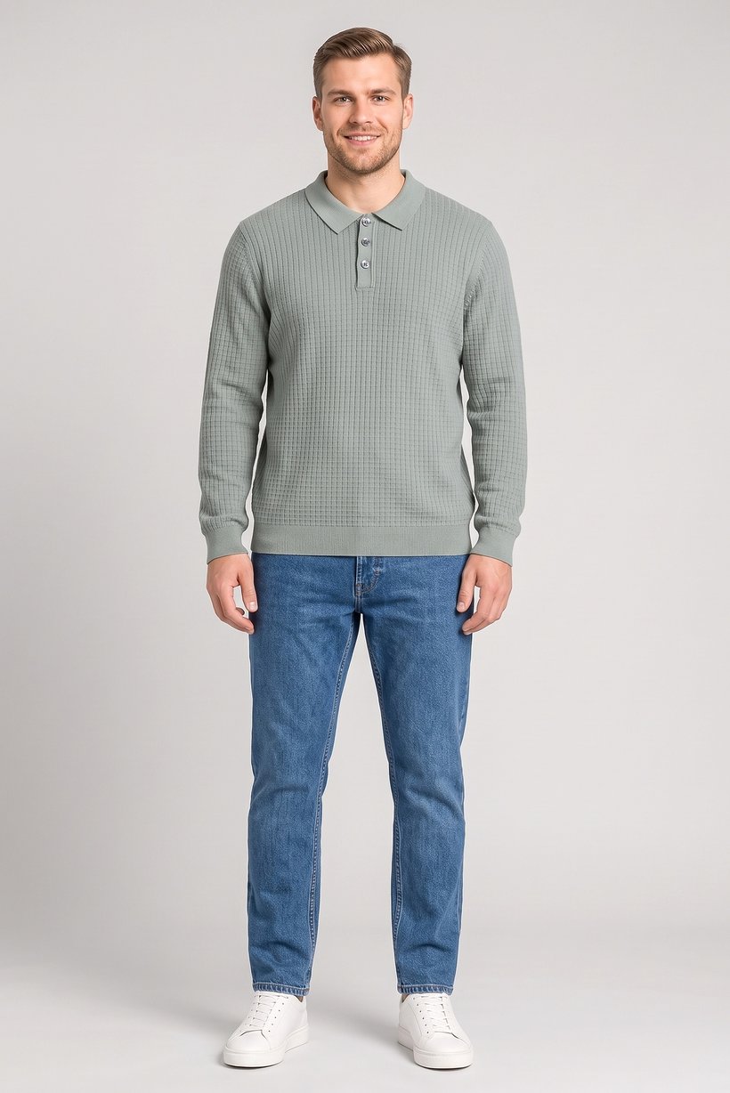Men Regular Fit Textured Long Sleeve Polo Shirt, Sage Green