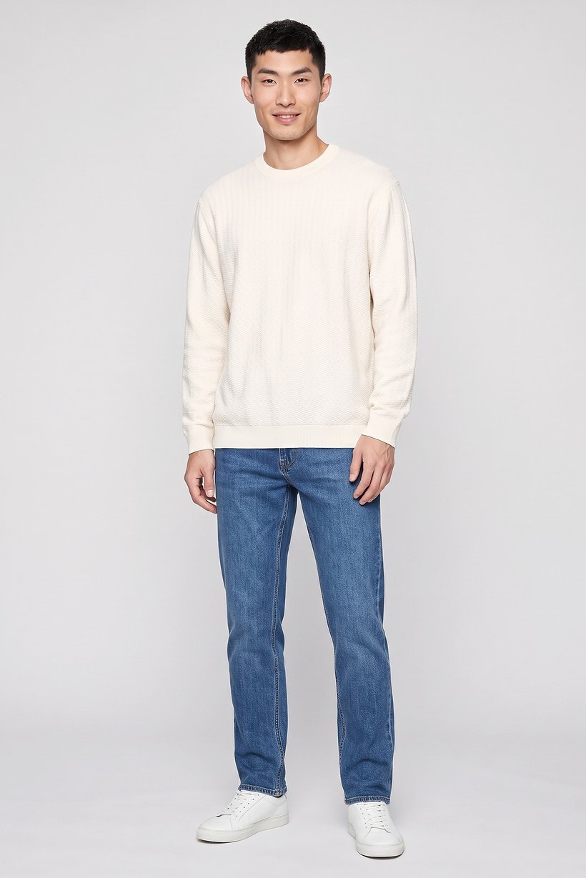 Men Crew Neck Textured Long Sleeve Sweater, Cream