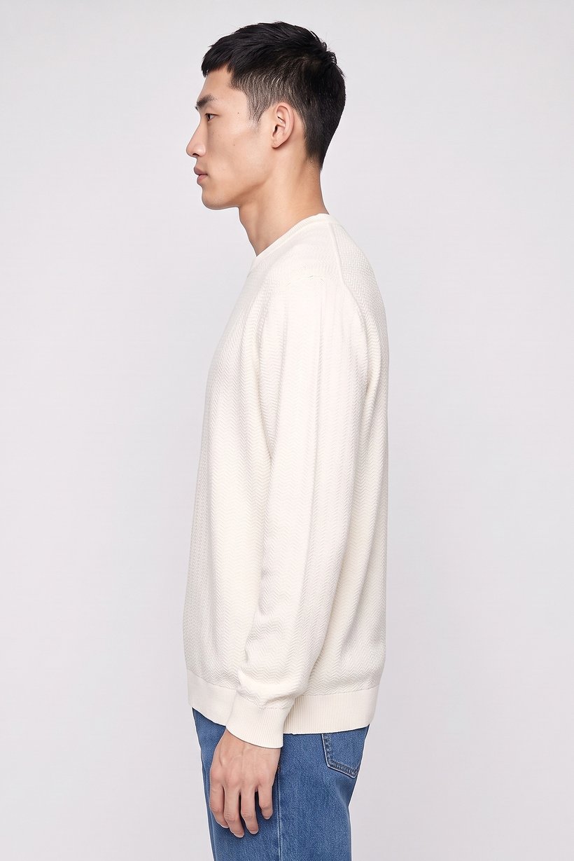 Men Crew Neck Textured Long Sleeve Sweater, Cream
