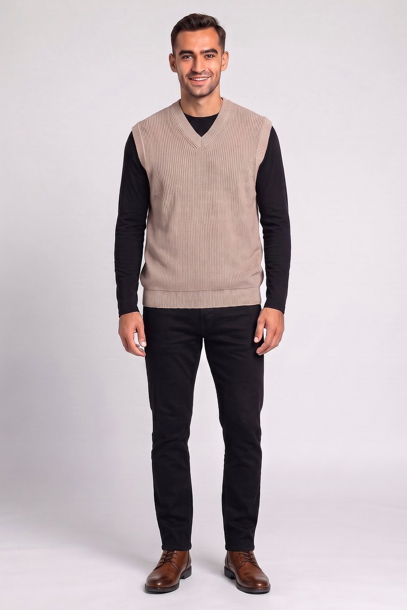 Men V Neck Knitted Sweater Vest, Beige
