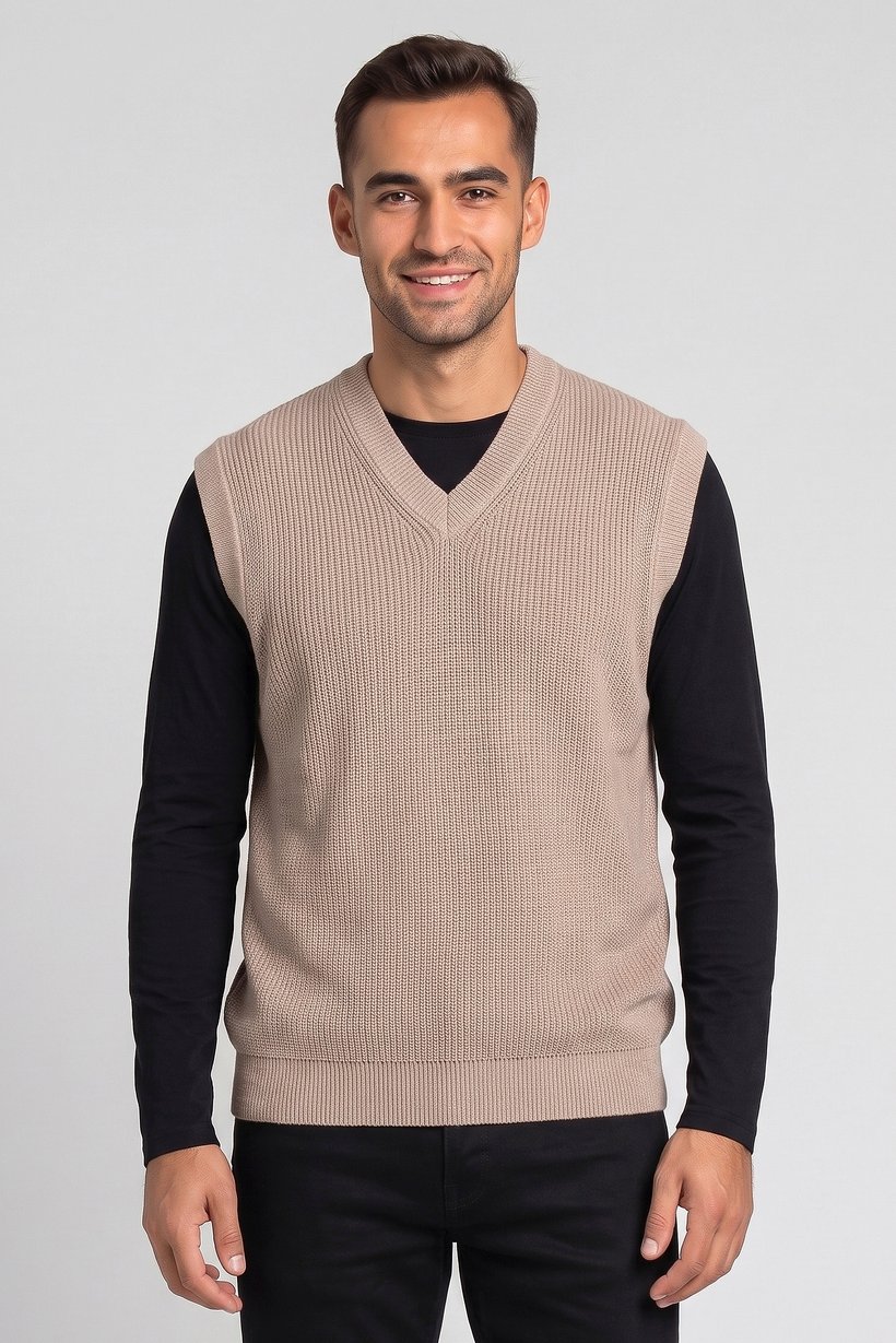 Men V Neck Knitted Sweater Vest, Beige